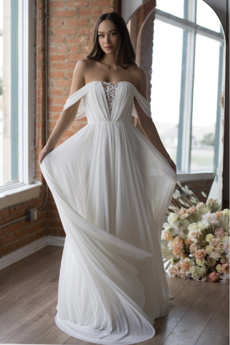 Beaded Neckline Wedding Gown with Strapless Ruched Bodice