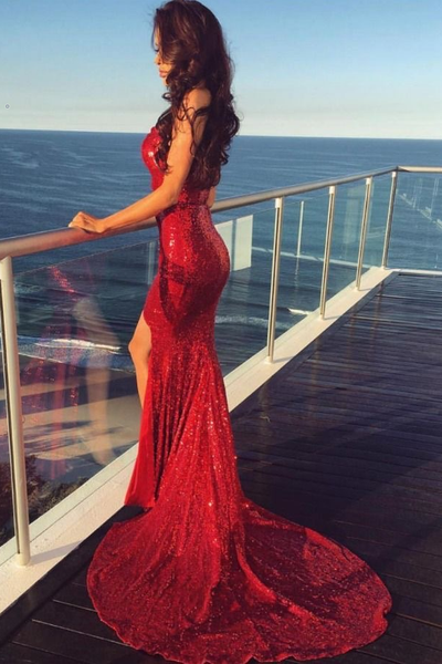 Long red dress with slit shop