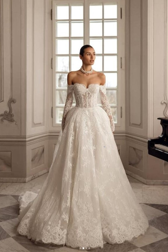 2026 Ivory Lace Wedding Gown Off-the-shoulder Sleeves