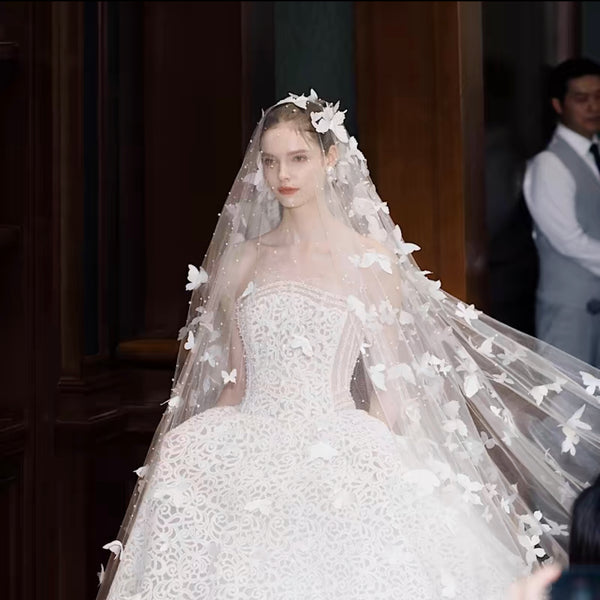 3D Butterfly Long Bridal Veil with Pearls Details
