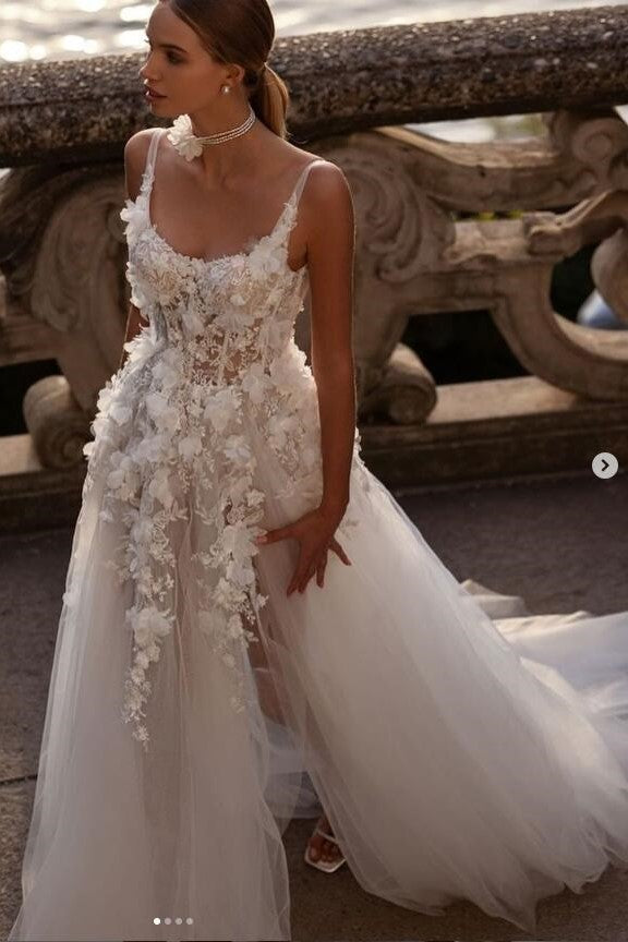 A-line Flowers Wedding Gown with Appliqued Semi-sheer Bodice