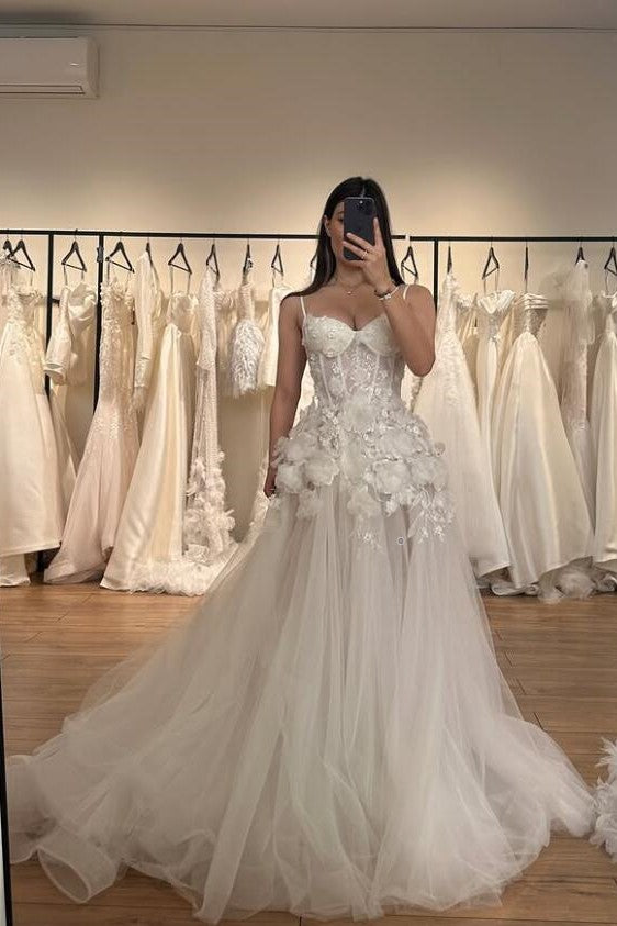 Lace Flowers Tulle Wedding Gown with Semi-sheer Bodice