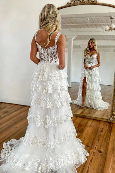 Layered Lace Wedding Dresses with Slit Skirt loveangeldress