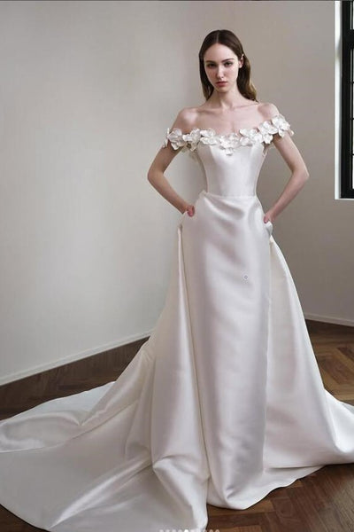 Off-the-shoulder Satin Bridal Dress with Flowers On Top