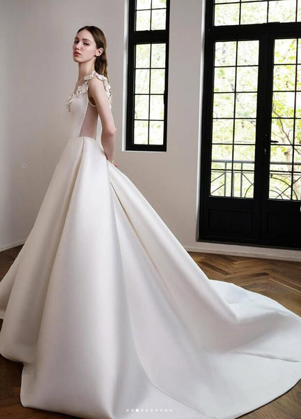 Off-the-shoulder Satin Bridal Dress with Flowers On Top