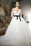 plunging-sweetheart-lace-wedding-dress-with-black-ribbon-belt