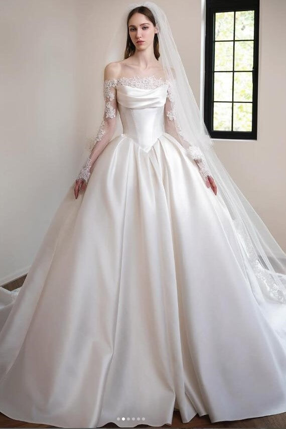 Princess Satin Wedding Dress with Illusion Lace Off-the-shoulder Sleeves