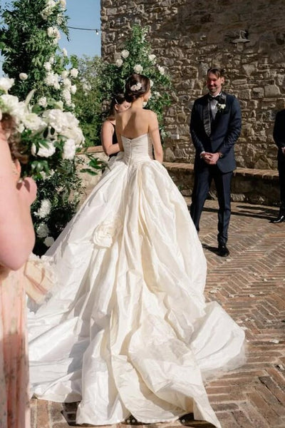 ruching-strapless-hi-lo-wedding-gown-with-flowers-details-1