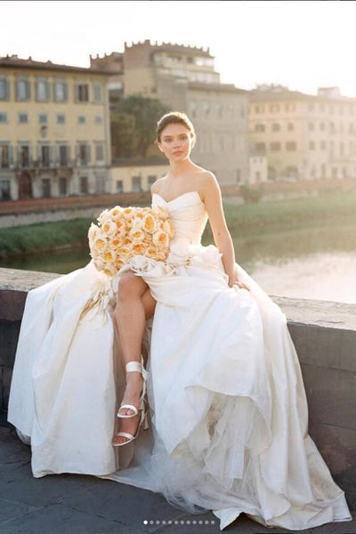 ruching-strapless-hi-lo-wedding-gown-with-flowers-details-2