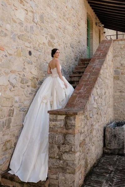 ruching-strapless-hi-lo-wedding-gown-with-flowers-details-3