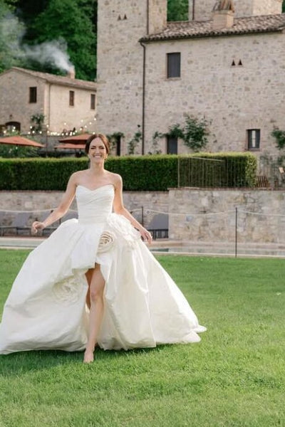 ruching-strapless-hi-lo-wedding-gown-with-flowers-details-5