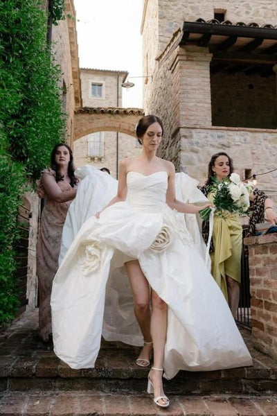 ruching-strapless-hi-lo-wedding-gown-with-flowers-details