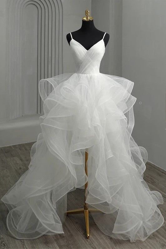 Ruffles High-low Wedding Gown with Spaghetti Straps