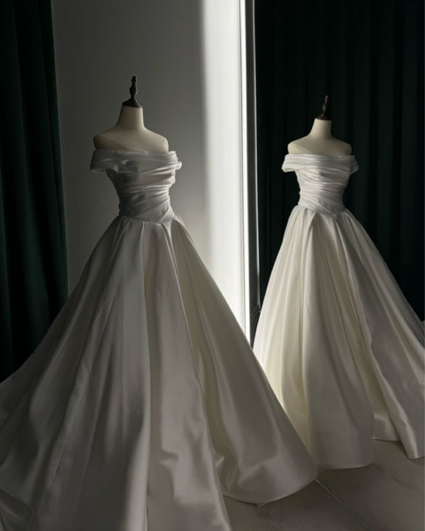 satin-ruching-wedding-dresses-with-off-the-shoulder-3