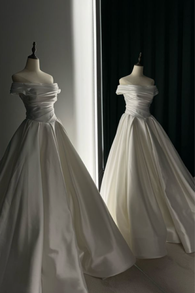 satin-ruching-wedding-dresses-with-off-the-shoulder