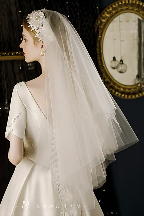 Two Tiers Finger Veils with Beaded Lace Hairband