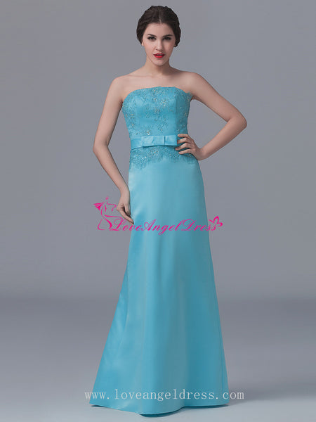 Beaded Lace Light Blue Satin Long Bridesmaid Wedding Guests Dresses