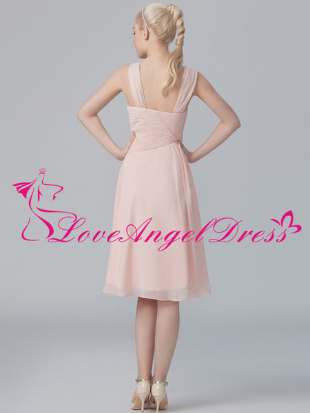 Asymmetric Neckline Chiffon Pink Knee Length Bridesmaid Dresses