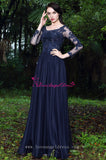 Beaded Lace Champagne Chiffon Evening Dresses with Sheer Long Sleeves