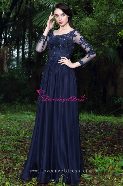 Beaded Lace Champagne Chiffon Evening Dresses with Sheer Long Sleeves