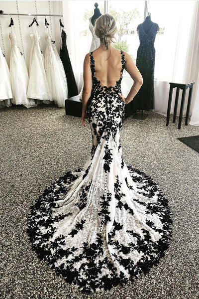 2022 Black Lace Wedding Dress with V-neckline