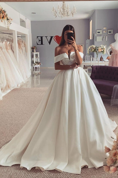 2022 Satin Wedding Dress with Off-the-shoulder Sleeves