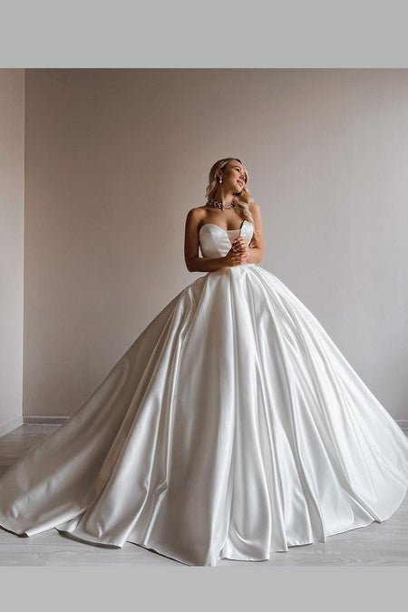 Simple Satin Bridal Gowns Long Train with Off-the-shoulder