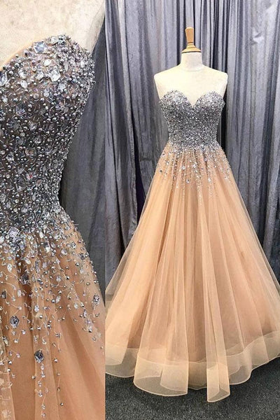 Rhinestones Sweetheart Champagne Prom Dress Tulle Skirt