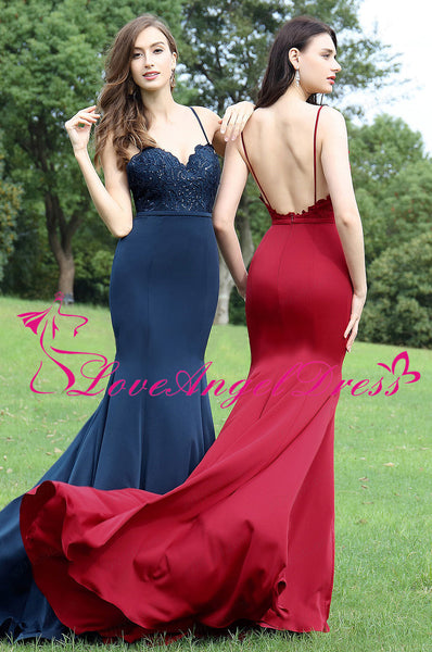 Sweetheart Lace Satin Red Mermaid Evening Dresses with Spaghetti Straps