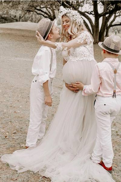 3/4 Sleeves Lace Maternity Dress for Photoshoot Tulle Skirt – loveangeldress