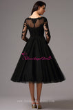 Sheer Boat Neck Lace Tulle Black Short Prom Dresses with Sleeves