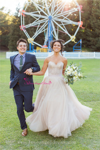 A-line Sweetheart Lace Destination Wedding Dress with Tulle Skirt