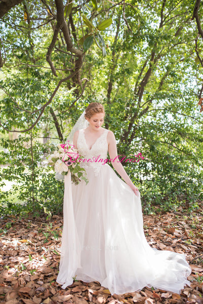 V-neckline Appliques A-line Organza Wedding Gown