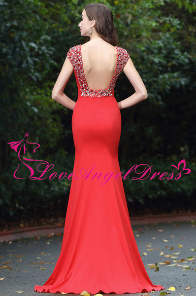 Floor Length Slim Satin Red Beaded Evening Prom Dresses Cap Sleeves
