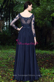 Beaded Lace Champagne Chiffon Evening Dresses with Sheer Long Sleeves