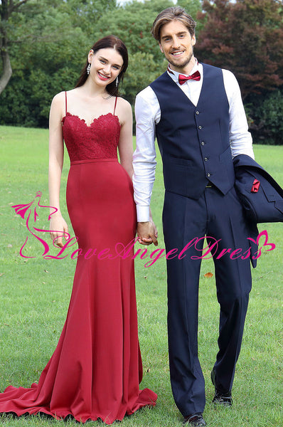Sweetheart Lace Satin Red Mermaid Evening Dresses with Spaghetti Straps