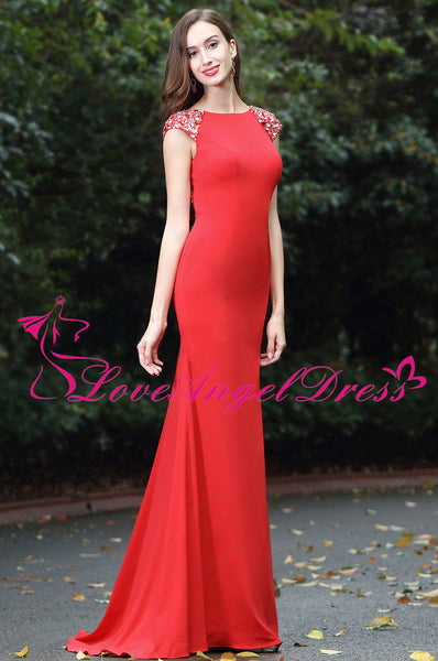 Floor Length Slim Satin Red Beaded Evening Prom Dresses Cap Sleeves