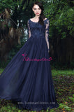 Beaded Lace Champagne Chiffon Evening Dresses with Sheer Long Sleeves