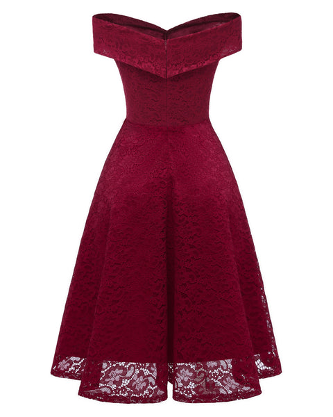 Burgundy Lace Bridesmaid Gown Short Party Dress with Off-the-shoulder