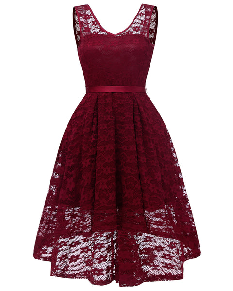 V-Neckline Lace Short Bridesmaid Dresses With Belt Sash