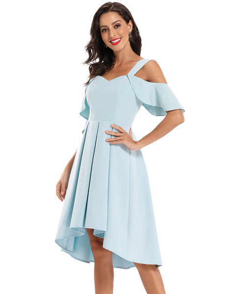 Sky-blue Hi-low Homecoming Dress with Flounced Off-the-shoulder