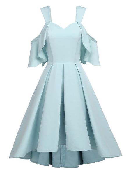 Sky-blue Hi-low Homecoming Dress with Flounced Off-the-shoulder