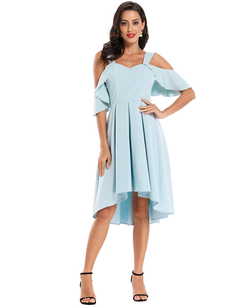 Sky-blue Hi-low Homecoming Dress with Flounced Off-the-shoulder