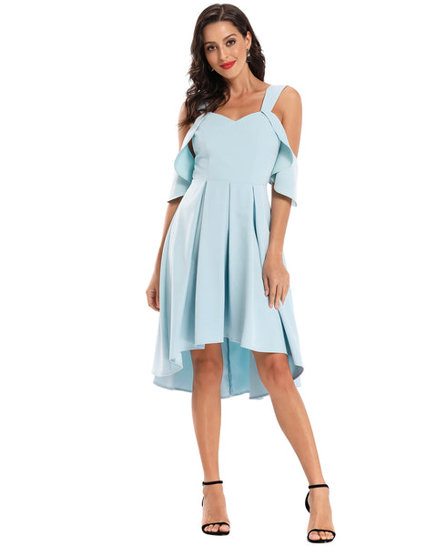 Sky-blue Hi-low Homecoming Dress with Flounced Off-the-shoulder