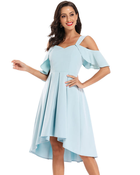 Sky-blue Hi-low Homecoming Dress with Flounced Off-the-shoulder