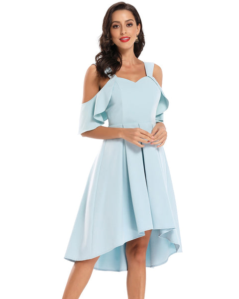 Sky-blue Hi-low Homecoming Dress with Flounced Off-the-shoulder