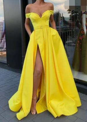 Off-the-shoulder Pink Satin Long Prom Gown with High Thigh Slit