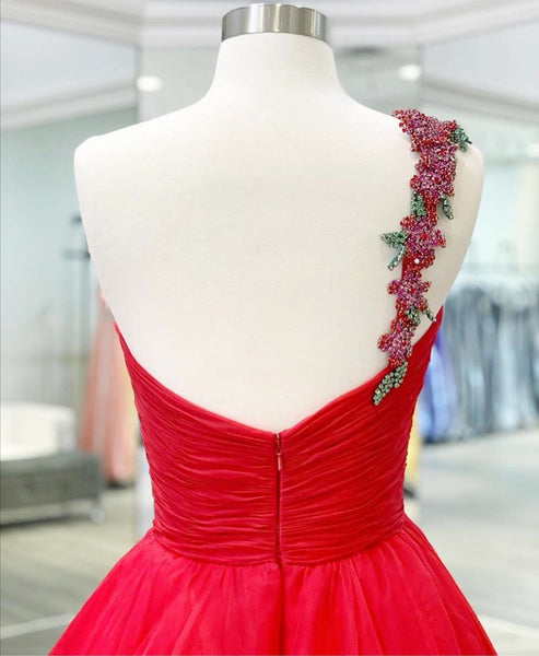 Beaded One-shoulder Prom Long Dresses Red Chiffon Skirt