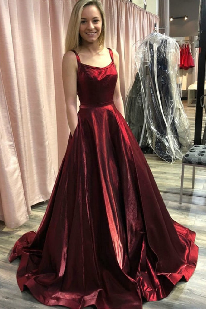 A-line Burgundy Prom Dress with Pockets vestido de formatura