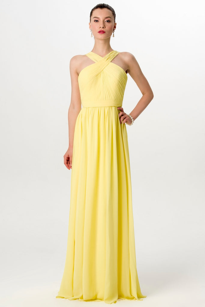A-line Floor Length Chiffon Yellow Adult Wedding Party Dress